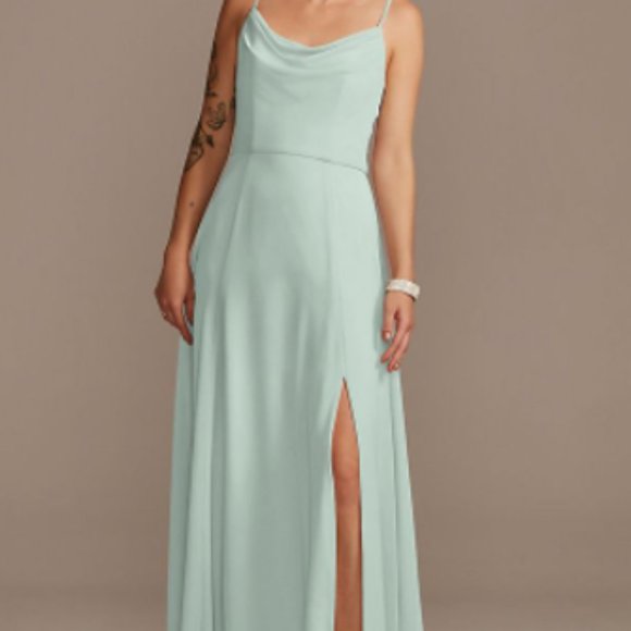 Davids Bridal cowl neck chiffon bridesmaid dress with slit - Picture 1 of 14